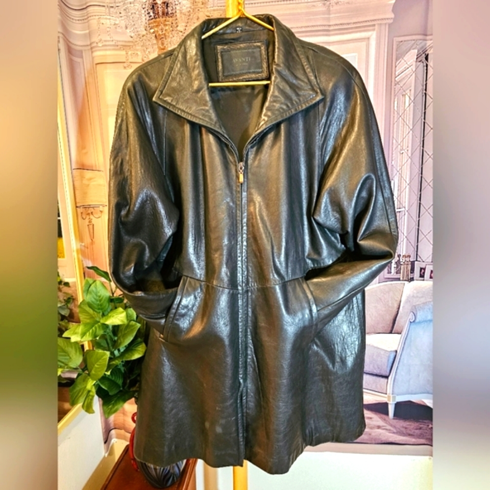 Avanti Men's Leather Coat Zipper Closure Long Black Jacket, Large